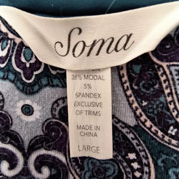 Soma Pajama Set Large Paisley Green Blue Stretch Pockets Lounge Cozy Holiday - Picture 11 of 16